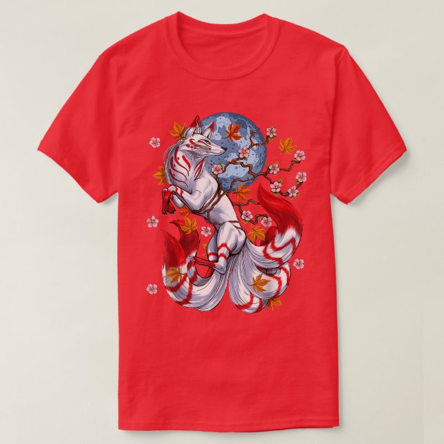 Kitsune Fos Japanska Nine Tails Fos Cherrys Bloss T Shirt (Design framsida)