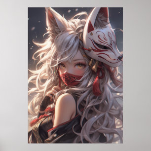 Kitsune Fox Mask Samurai Girl Japanska Poster