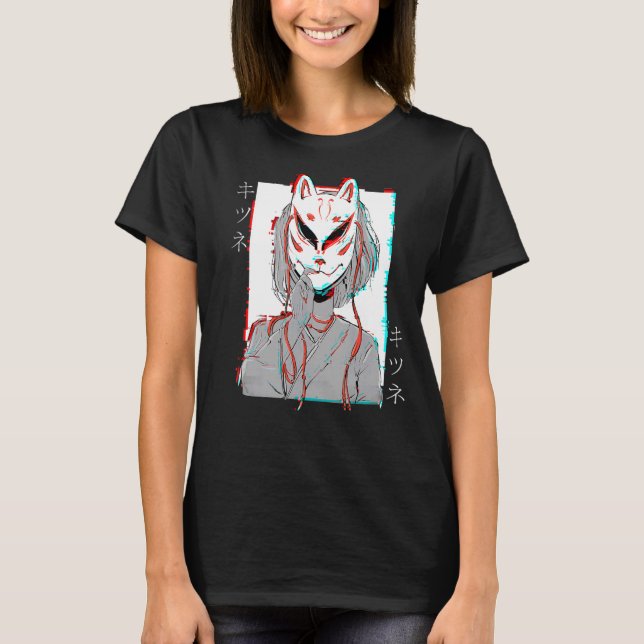 Kitsune Fox Mask Vaporwave Glitch Japan Stil T Shirt (Framsida)