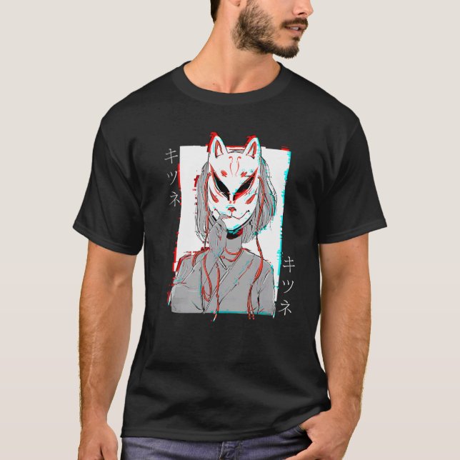 Kitsune Fox Mask Vaporwave Glitch Japan Stil T Shirt (Framsida)