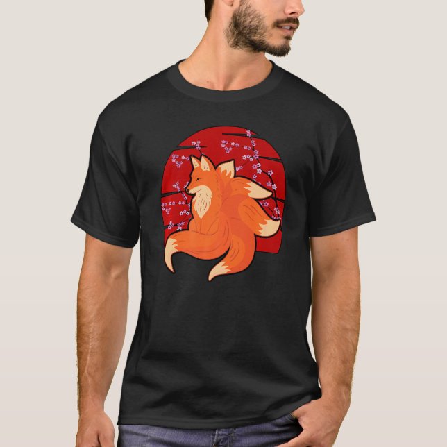Kitsune Fox med många Svan Cherry Blommar Japanes T Shirt (Framsida)