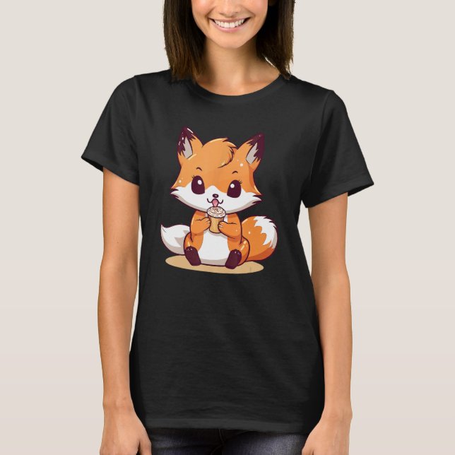 Kitsune Fox och Cupcoa Cute Design T Shirt (Framsida)