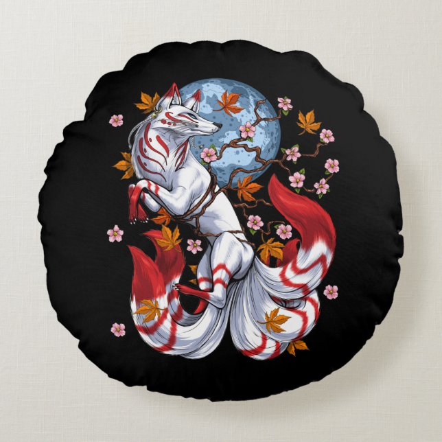 Kitsune Japanese Fox Rund Kudde (Framsidan)
