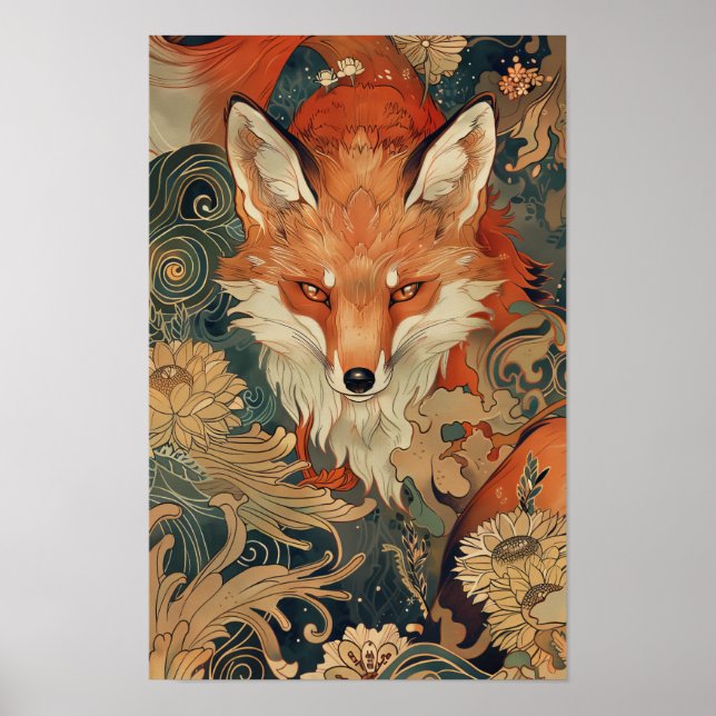 Kitsune Japansk Fox Illustration i Mucha Stil A Poster (Framsidan)