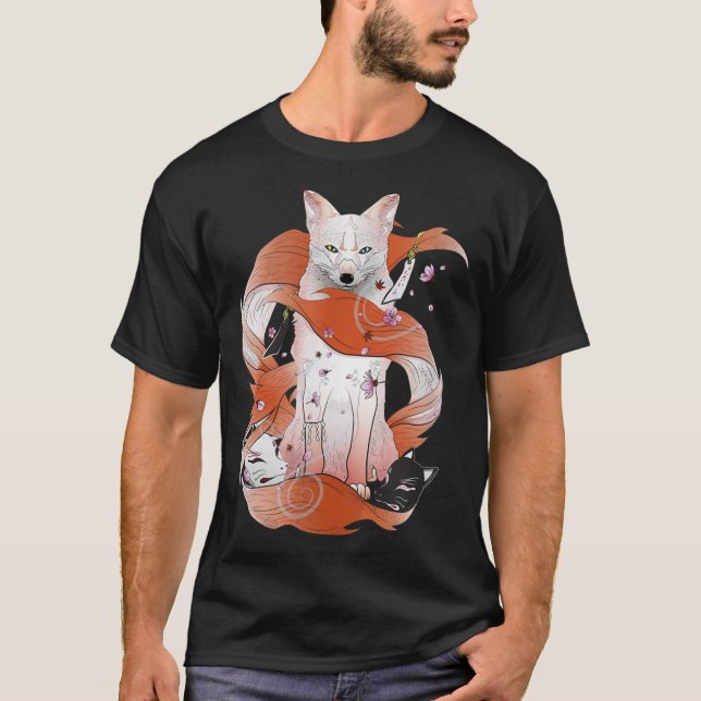 Kitsune Japanska Kami Inari Nine-Tails Fox Sp T Shirt (Framsida)