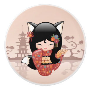 Kitsune Kokeshi docka - gullig svart rävflicka Knopp