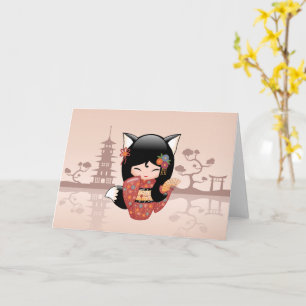 Kitsune Kokeshi docka - gullig svart rävflicka Kort