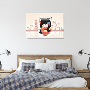 Kitsune Kokeshi Docka - Söt Svart Räv Flicka Canvastryck