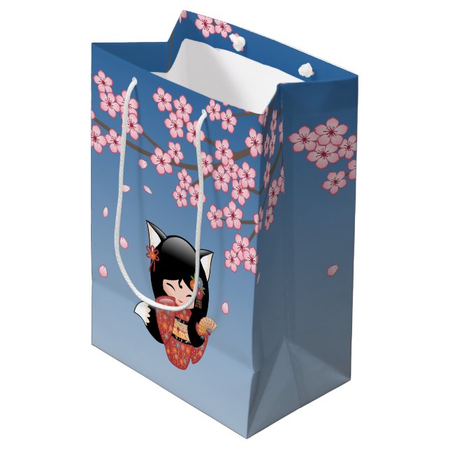 Kitsune Kokeshi Docka - Svart Räv Geisha Flicka (Framsidan Vinklad)