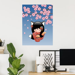 Kitsune Kokeshi Docka - Svart Räv Geisha Flicka Poster