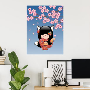 Kitsune Kokeshi Docka - Svart Räv Geisha Flicka Poster