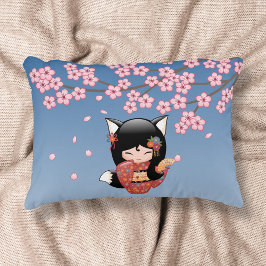 Kitsune Kokeshi Docka - Svart Räv Geisha Flicka Prydnadskudde