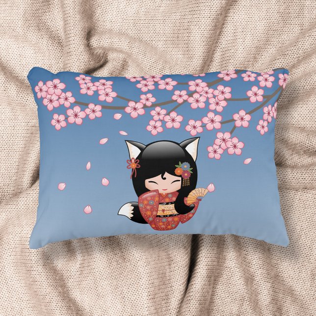 Kitsune Kokeshi Docka - Svart Räv Geisha Flicka Prydnadskudde (Skapare uppladdad)