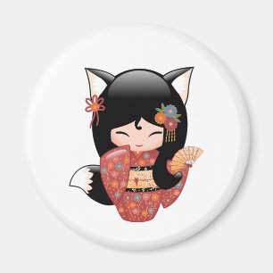 Kitsune Kokeshi docka - svart rävflicka Magnet
