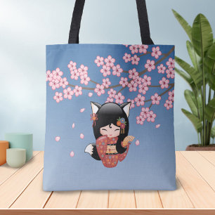 Kitsune Kokeshi docka - svart rävGeishaflicka Tygkasse