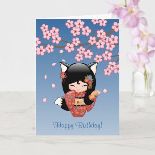 Kitsune Kokeshi docka - svart rävGeishafödelsedag Kort