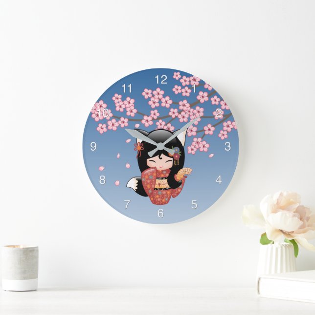 Kitsune Kokeshi Docka - Svart Rävgudinna Stor Klocka (Hem)
