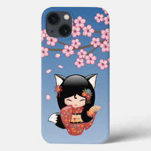 Kitsune Kokeshi Doll - Black Fox Geisha Girl