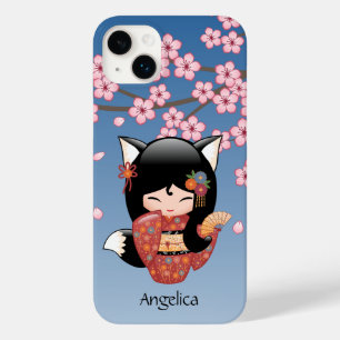 Kitsune Kokeshi Doll - Black Fox Geisha Girl