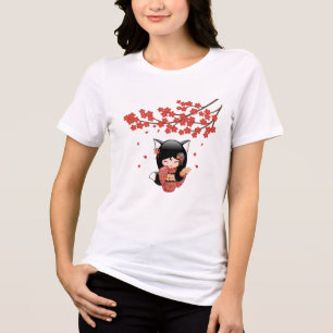 Kitsune Kokeshi Doll Black Fox Geisha Girl Blue T Shirt