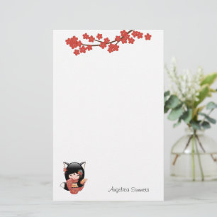 Kitsune Kokeshi Doll - Black Fox Geisha Girl Brevpapper