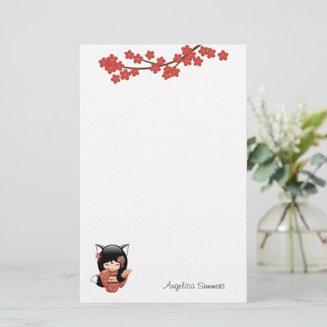 Kitsune Kokeshi Doll - Black Fox Geisha Girl Brevpapper (Stående Fram)
