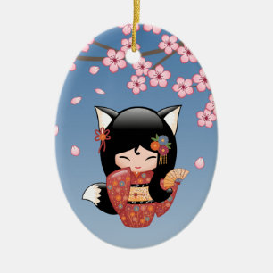 Kitsune Kokeshi Doll - Black Fox Geisha Girl Julgransprydnad Keramik