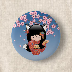 Kitsune Kokeshi Doll - Black Fox Geisha Girl Knapp