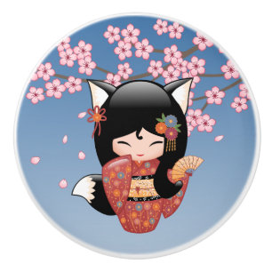 Kitsune Kokeshi Doll - Black Fox Geisha Girl Knopp