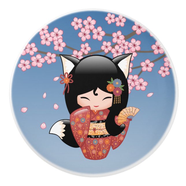 Kitsune Kokeshi Doll - Black Fox Geisha Girl Knopp (Framsidan)