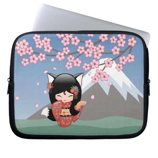 Kitsune Kokeshi Doll - Black Fox Geisha Girl Laptop Sleeve (Framsidan)