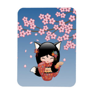 Kitsune Kokeshi Doll - Black Fox Geisha Girl Magnet