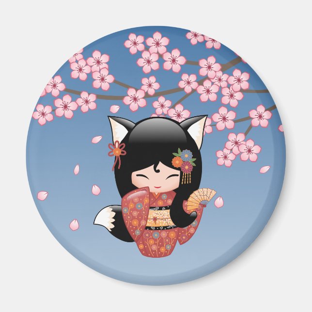 Kitsune Kokeshi Doll - Black Fox Geisha Girl Magnet (Framsidan)