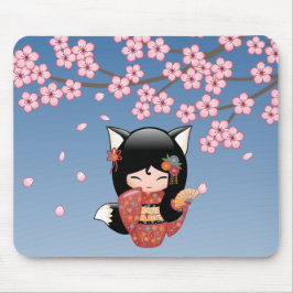 Kitsune Kokeshi Doll - Black Fox Geisha Girl Musmatta