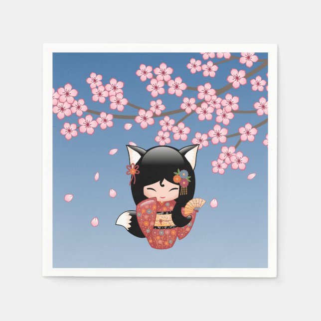 Kitsune Kokeshi Doll - Black Fox Geisha Girl Pappersservett (Framsidan)