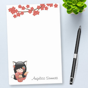 Kitsune Kokeshi Doll - Black Fox Geisha Girl Post-it Block