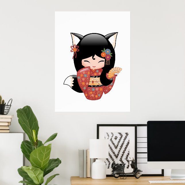 Kitsune Kokeshi Doll - Black Fox Geisha Girl Poster (Hemmakontoret)