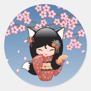 Kitsune Kokeshi Doll - Black Fox Geisha Girl Runt Klistermärke