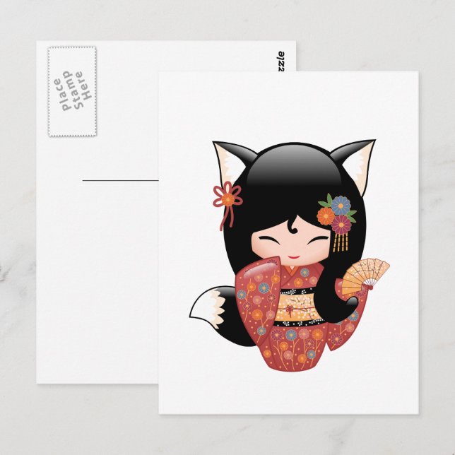 Kitsune Kokeshi Doll - Black Fox Geisha Girl Vykort (Fram/baksida)