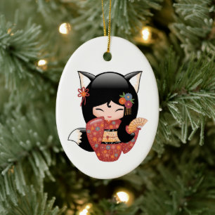 Kitsune Kokeshi Doll - Black Fox Geisha Julgransprydnad Keramik