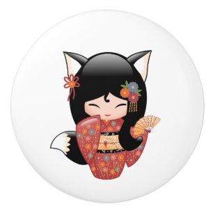 Kitsune Kokeshi Doll - Black Fox Girl Knopp
