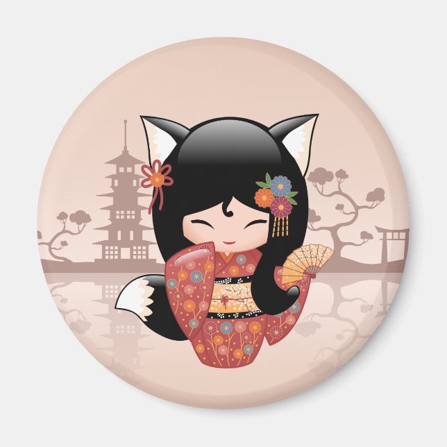 Kitsune Kokeshi Doll - Cute Black Fox Girl Magnet (Framsidan)