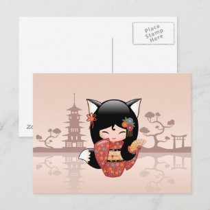 Kitsune Kokeshi Doll - Cute Black Fox Girl Vykort