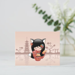 Kitsune Kokeshi Doll - Cute Black Fox Girl Vykort