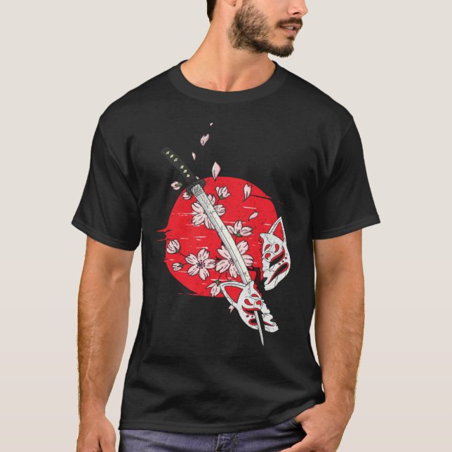 Kitsune Mask Japan katana Anim Kumiho Nine Tailed  T Shirt (Framsida)