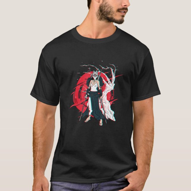 Kitsune Mask japansk Sword Katana Fox Samurai Gir T Shirt (Framsida)