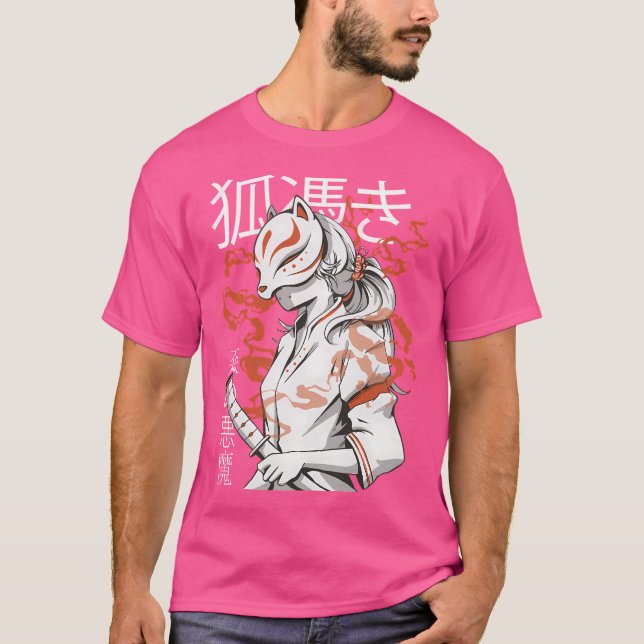 Kitsune Mask Kawaii Japansk Anime Girl with Fox M T Shirt (Framsida)