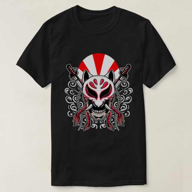 Kitsune-mask med korsade Katanas T Shirt (Design framsida)