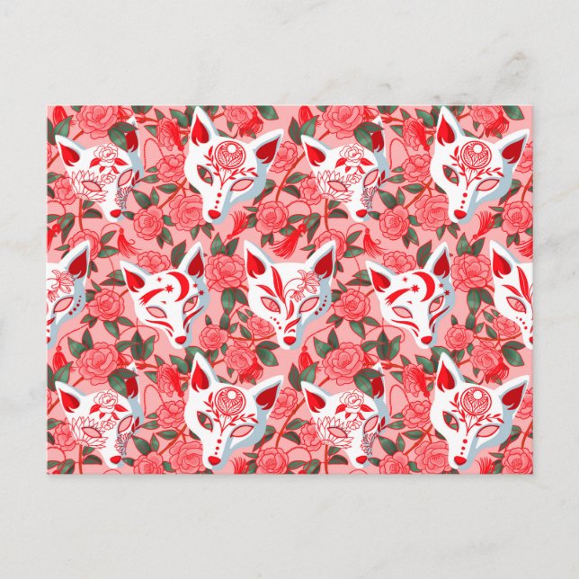 Kitsune masker och blomningskamelli på rosa inbjudan vykort (Framsida)