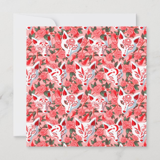 Kitsune masker och blomningskamelli på rosa kort (Framsida)
